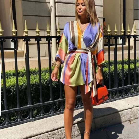 ZARA Satin Rainbow Striped Crossover Romper Playsuit Wrap Bloggers Fave - Picture 6 of 10